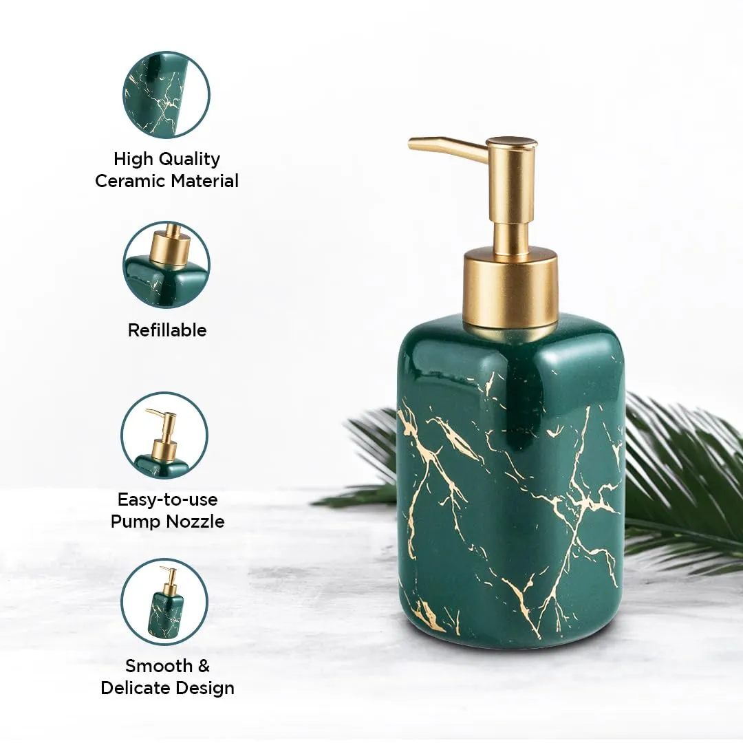 UMAI Liquid Soap Dispenser | Stoneware | Bathroom Sanitizer, Lotion, Shampoo Dispenser | Ceramic Handwash Bottle for Kitchen | Soap Dispenser for Wash Basin | Bathroom Accessories | 300 ml (Green)