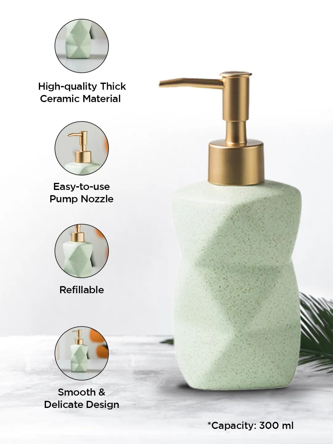 UMAI Liquid Soap Dispenser | Stoneware | Bathroom Sanitizer, Lotion, Shampoo Dispenser | Ceramic Handwash Bottle for Kitchen | Soap Dispenser for Wash Basin | Bathroom Accessories | 300ml (Green)