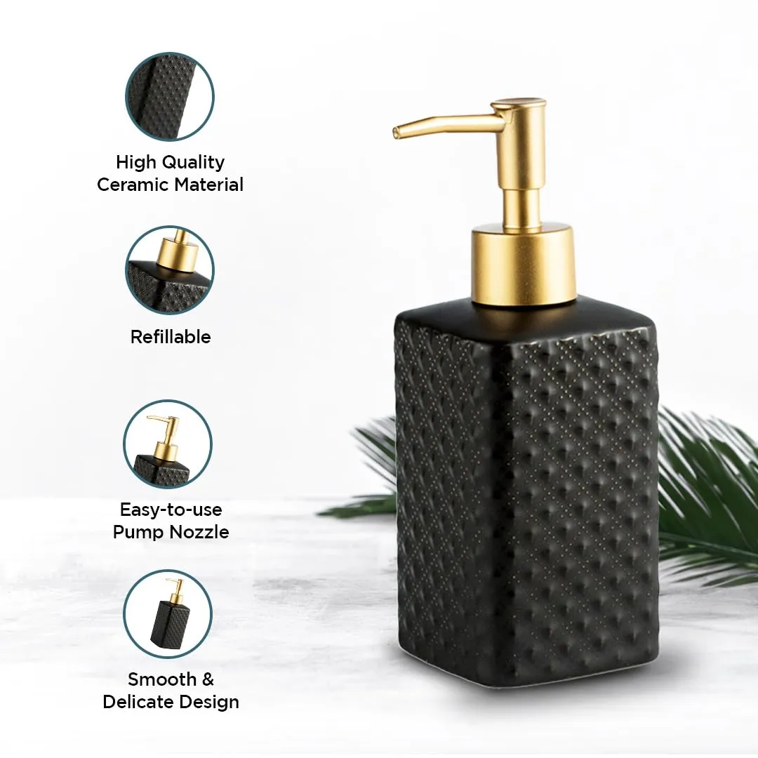 UMAI Liquid Soap Dispenser | Stoneware | Bathroom Sanitizer, Lotion, Shampoo Dispenser | Ceramic Handwash Bottle for Kitchen | Soap Dispenser for Wash Basin | Bathroom Accessories | 350 ml (Black)