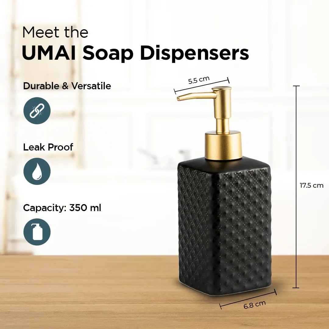 UMAI Liquid Soap Dispenser | Stoneware | Bathroom Sanitizer, Lotion, Shampoo Dispenser | Ceramic Handwash Bottle for Kitchen | Soap Dispenser for Wash Basin | Bathroom Accessories | 350 ml (Black)