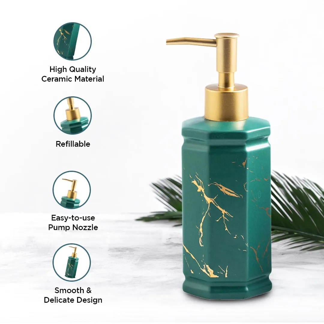 UMAI Liquid Soap Dispenser | Stoneware | Bathroom Sanitizer, Lotion, Shampoo Dispenser | Ceramic Handwash Bottle for Kitchen | Soap Dispenser for Wash Basin | Bathroom Accessories | 350 ml (Green)