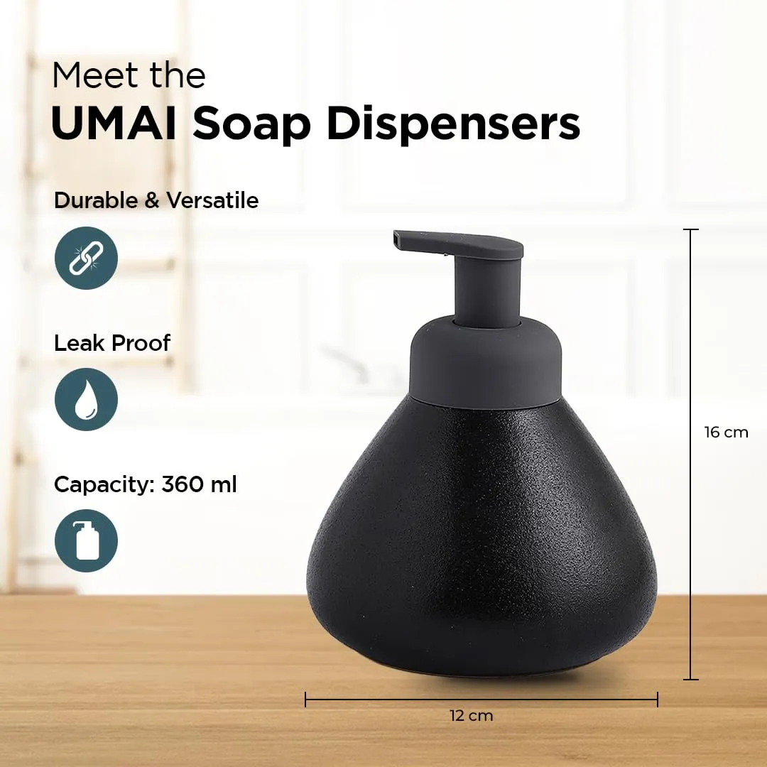 UMAI Liquid Soap Dispenser | Stoneware | Bathroom Sanitizer, Lotion, Shampoo Dispenser | Ceramic Handwash Bottle for Kitchen | Soap Dispenser for Wash Basin | Bathroom Accessories | 360 ml (Black)