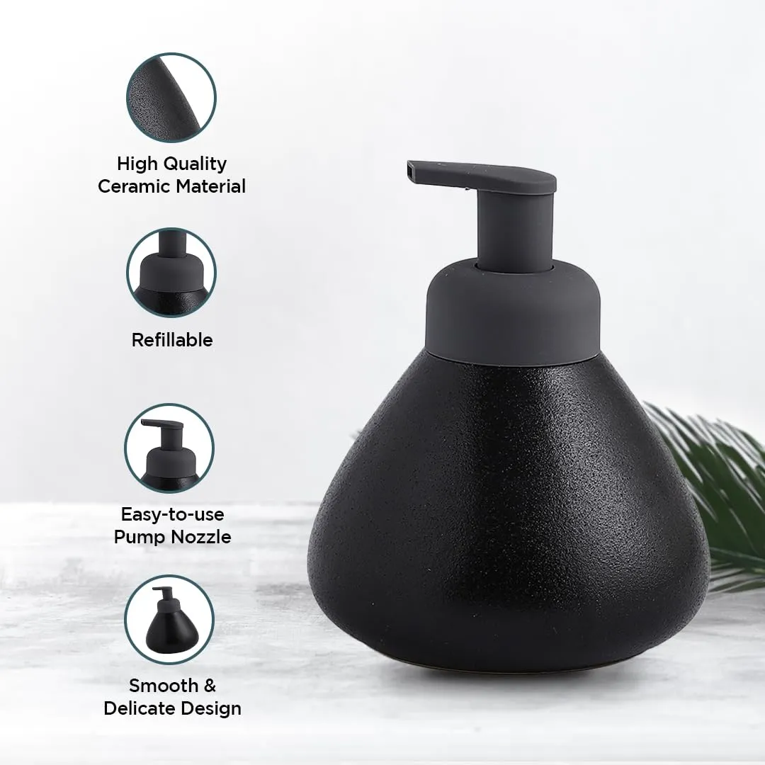 UMAI Liquid Soap Dispenser | Stoneware | Bathroom Sanitizer, Lotion, Shampoo Dispenser | Ceramic Handwash Bottle for Kitchen | Soap Dispenser for Wash Basin | Bathroom Accessories | 360 ml (Black)