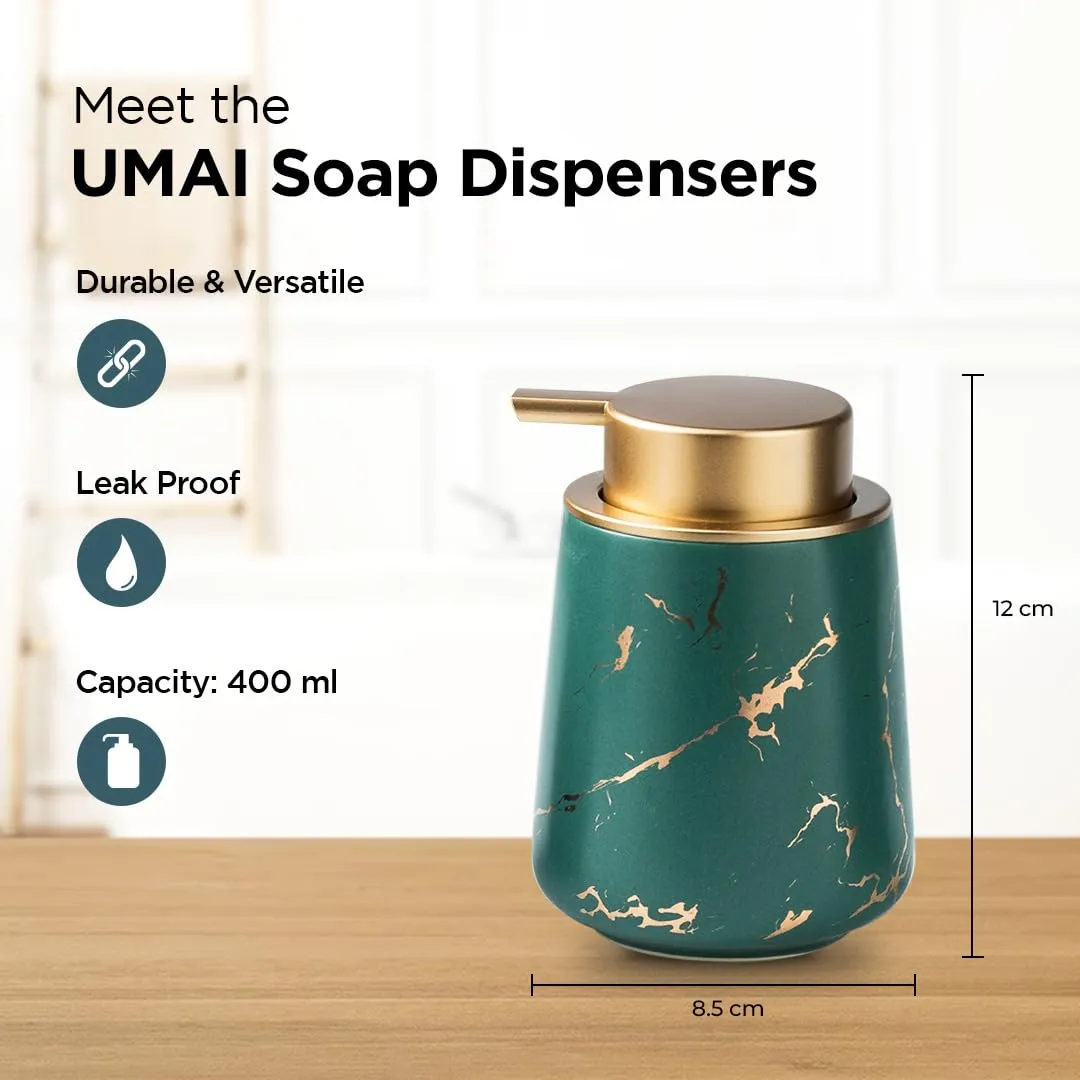 UMAI Liquid Soap Dispenser | Stoneware | Bathroom Sanitizer, Lotion, Shampoo Dispenser | Ceramic Handwash Bottle for Kitchen | Soap Dispenser for Wash Basin | Bathroom Accessories | Green | 400 ml