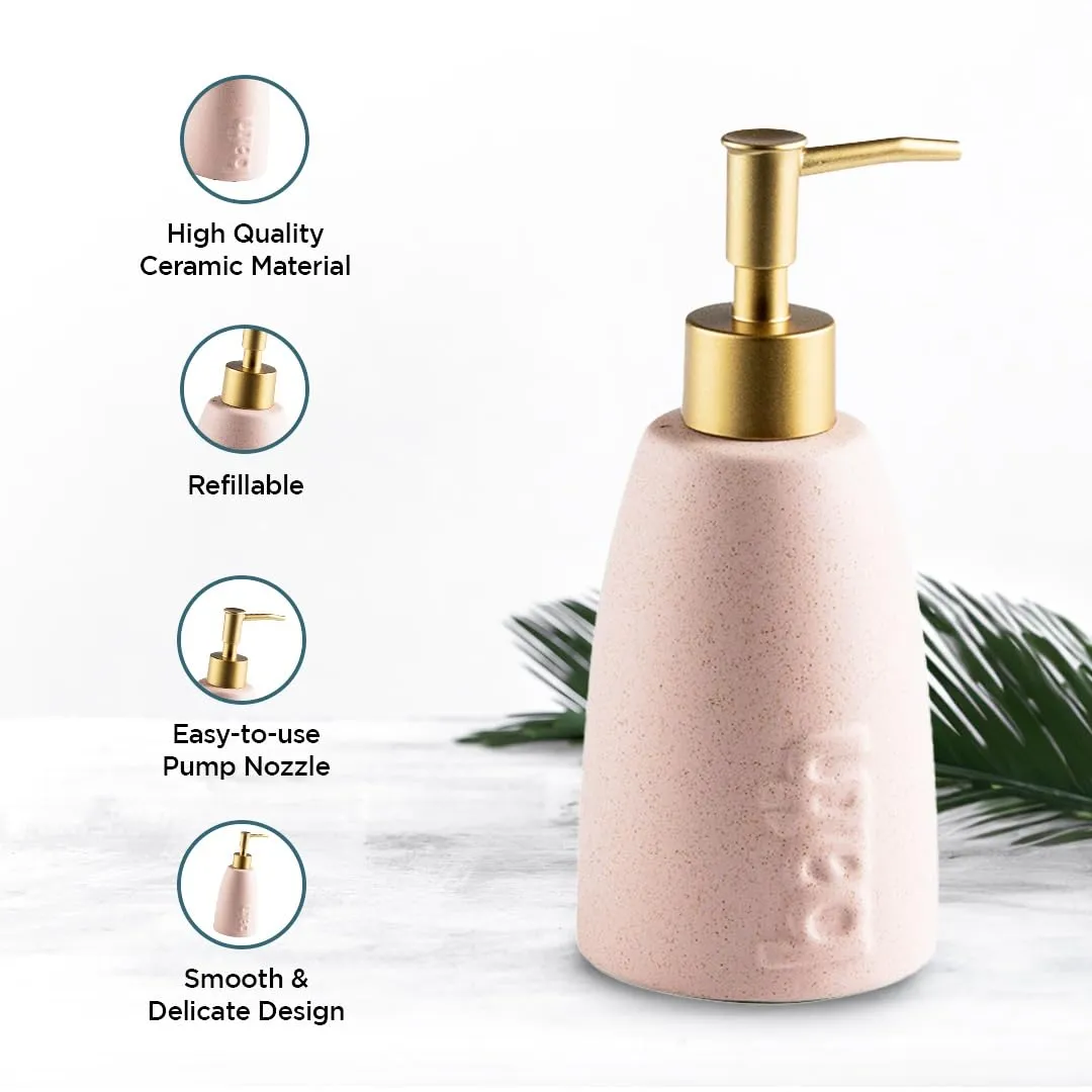 UMAI Liquid Soap Dispenser | Stoneware | Bathroom Sanitizer, Lotion, Shampoo Dispenser | Ceramic Handwash Bottle for Kitchen | Soap Dispenser for Wash Basin | Bathroom Accessories | Pink | 320 ml