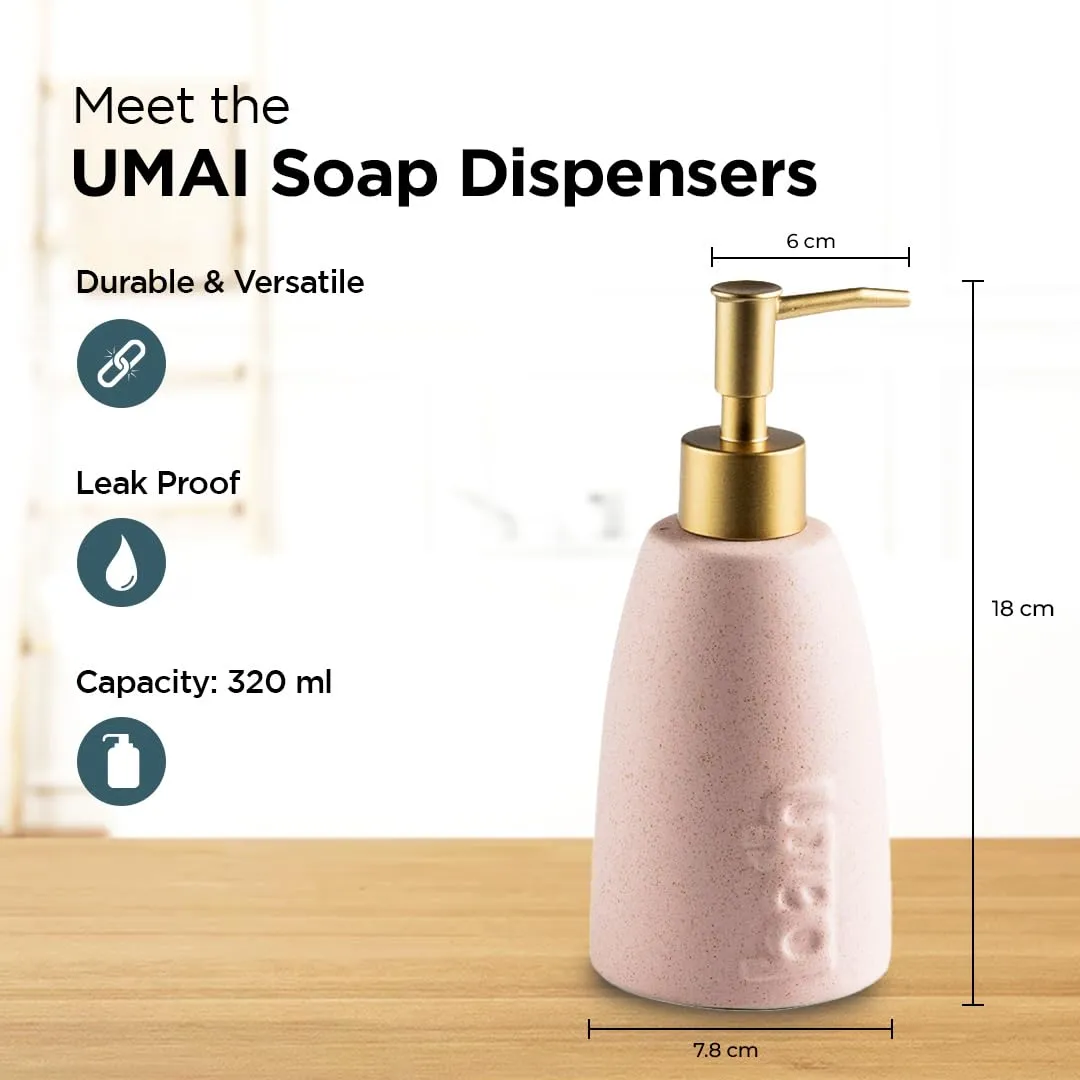 UMAI Liquid Soap Dispenser | Stoneware | Bathroom Sanitizer, Lotion, Shampoo Dispenser | Ceramic Handwash Bottle for Kitchen | Soap Dispenser for Wash Basin | Bathroom Accessories | Pink | 320 ml