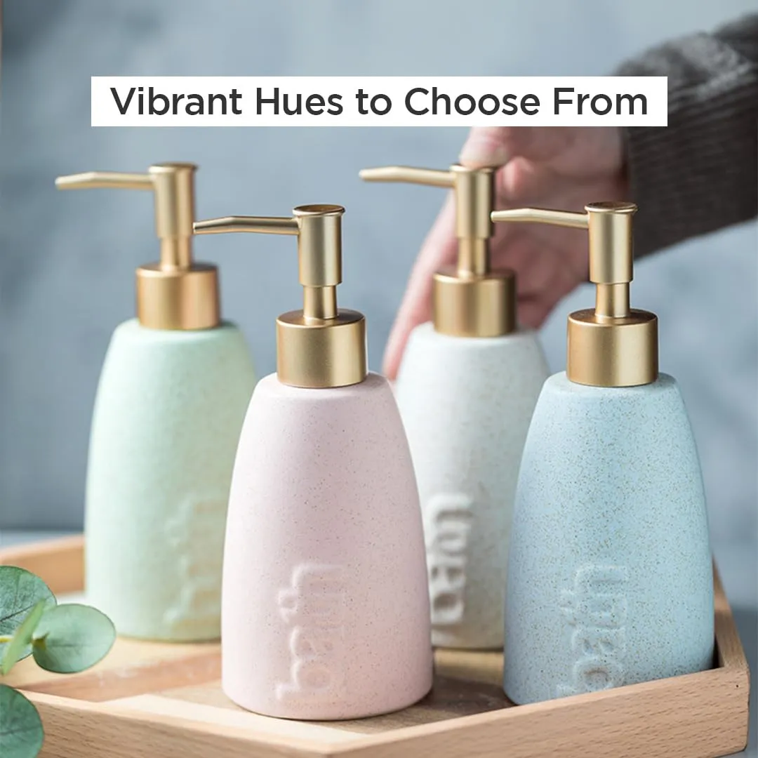 UMAI Liquid Soap Dispenser | Stoneware | Bathroom Sanitizer, Lotion, Shampoo Dispenser | Ceramic Handwash Bottle for Kitchen | Soap Dispenser for Wash Basin | Bathroom Accessories | Pink | 320 ml