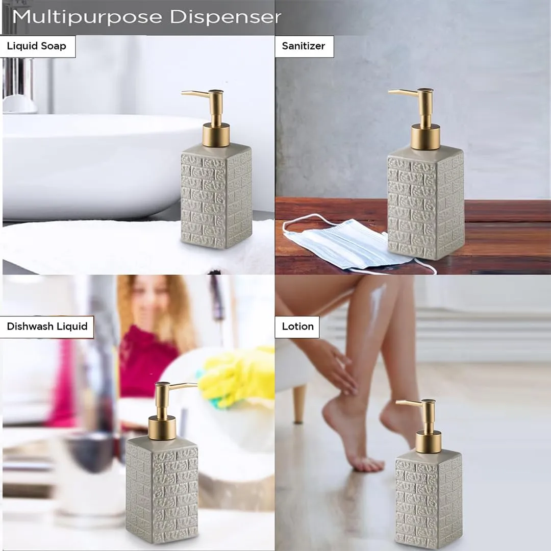 Urbane Home Liquid Soap Dispenser | Stoneware | Bathroom Sanitizer, hampoo Dispenser | Ceramic Handwash Bottle for Kitchen | Soap Dispenser for Wash Basin | Bathroom Accessories | 350ml (Grey)