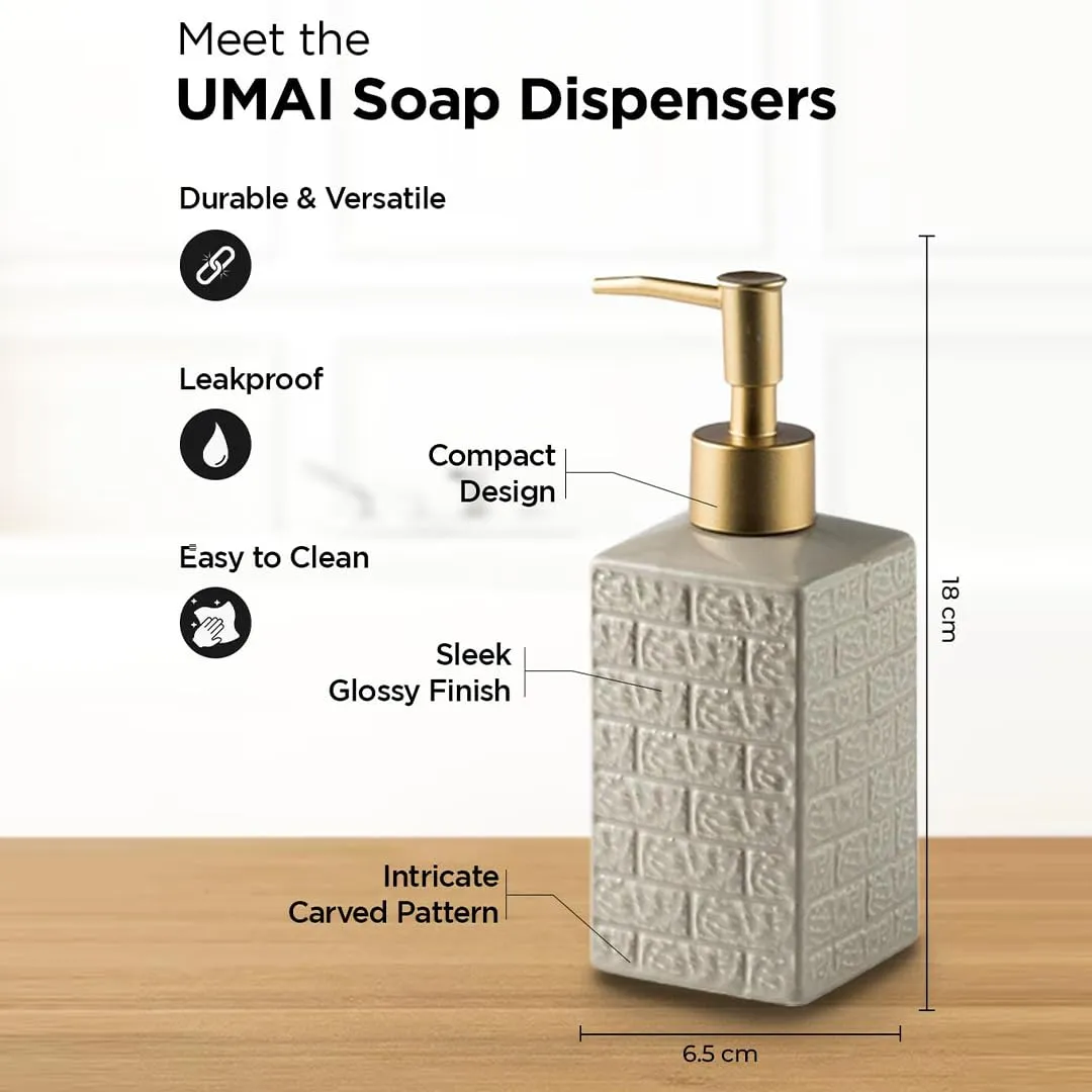 Urbane Home Liquid Soap Dispenser | Stoneware | Bathroom Sanitizer, hampoo Dispenser | Ceramic Handwash Bottle for Kitchen | Soap Dispenser for Wash Basin | Bathroom Accessories | 350ml (Grey)