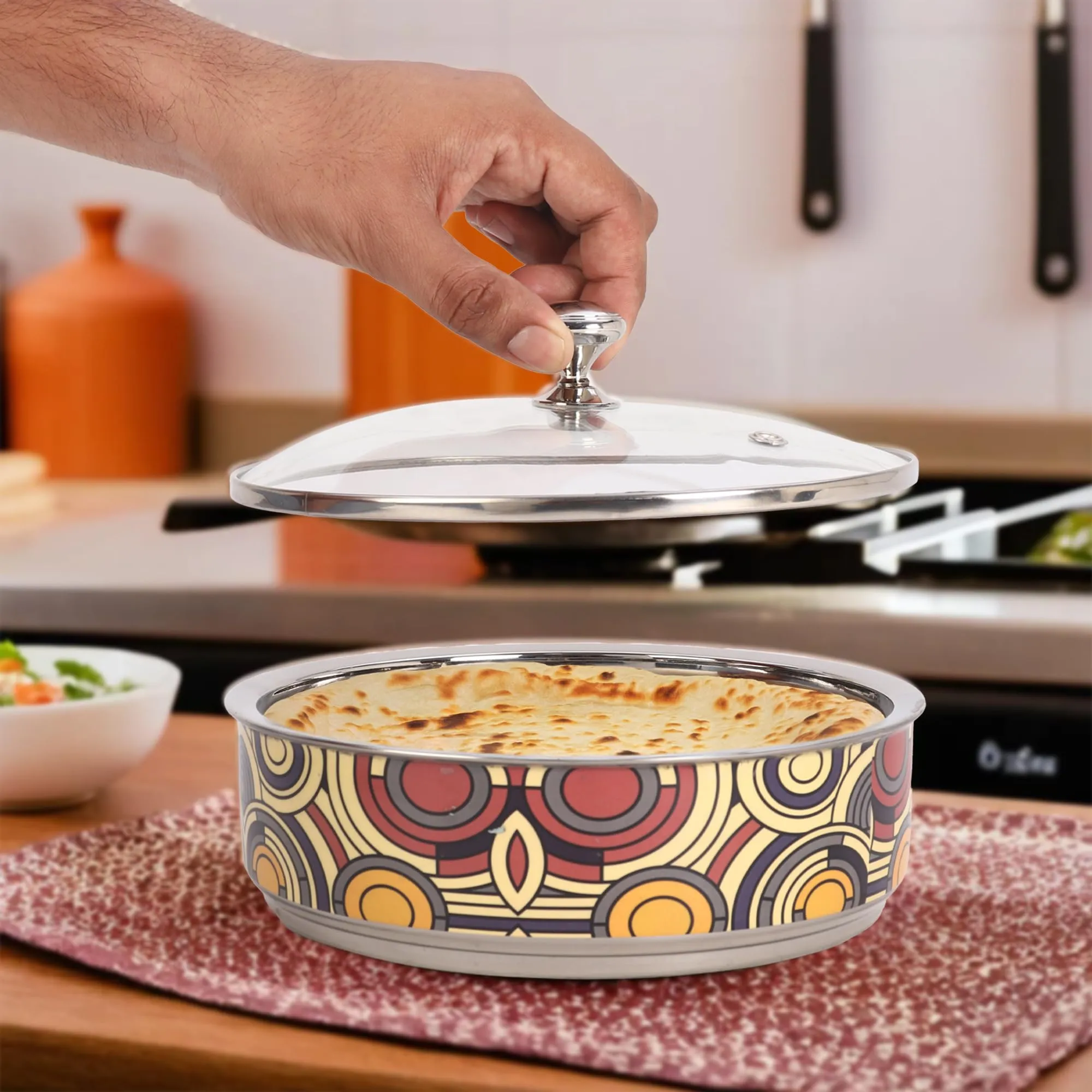 USHA SHRIRAM Insulated Casserole For Roti (1500ml) |Stainless Steel Hot Roti Box For Kitchen | Chapati Box For Kitchen | Serving Bowl Set | Curry Bowls For Serving | Kitchen Gift Items (Print 3)