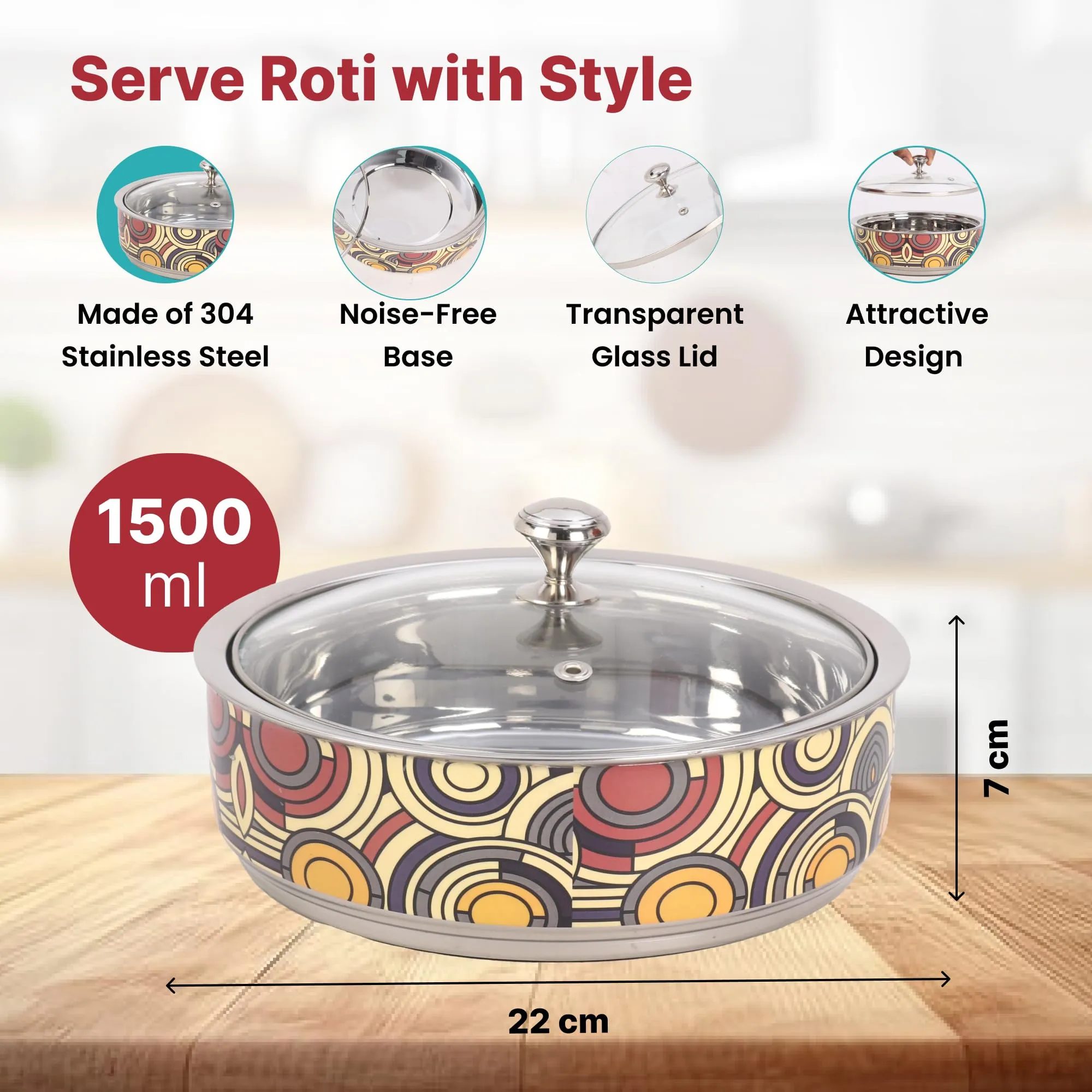 USHA SHRIRAM Insulated Casserole For Roti (1500ml) |Stainless Steel Hot Roti Box For Kitchen | Chapati Box For Kitchen | Serving Bowl Set | Curry Bowls For Serving | Kitchen Gift Items (Print 3)