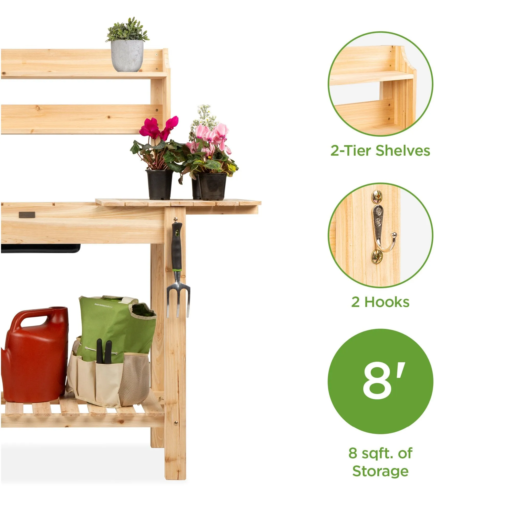 Wood Garden Potting Bench w/ Sliding Tabletop, Food Grade Dry Sink