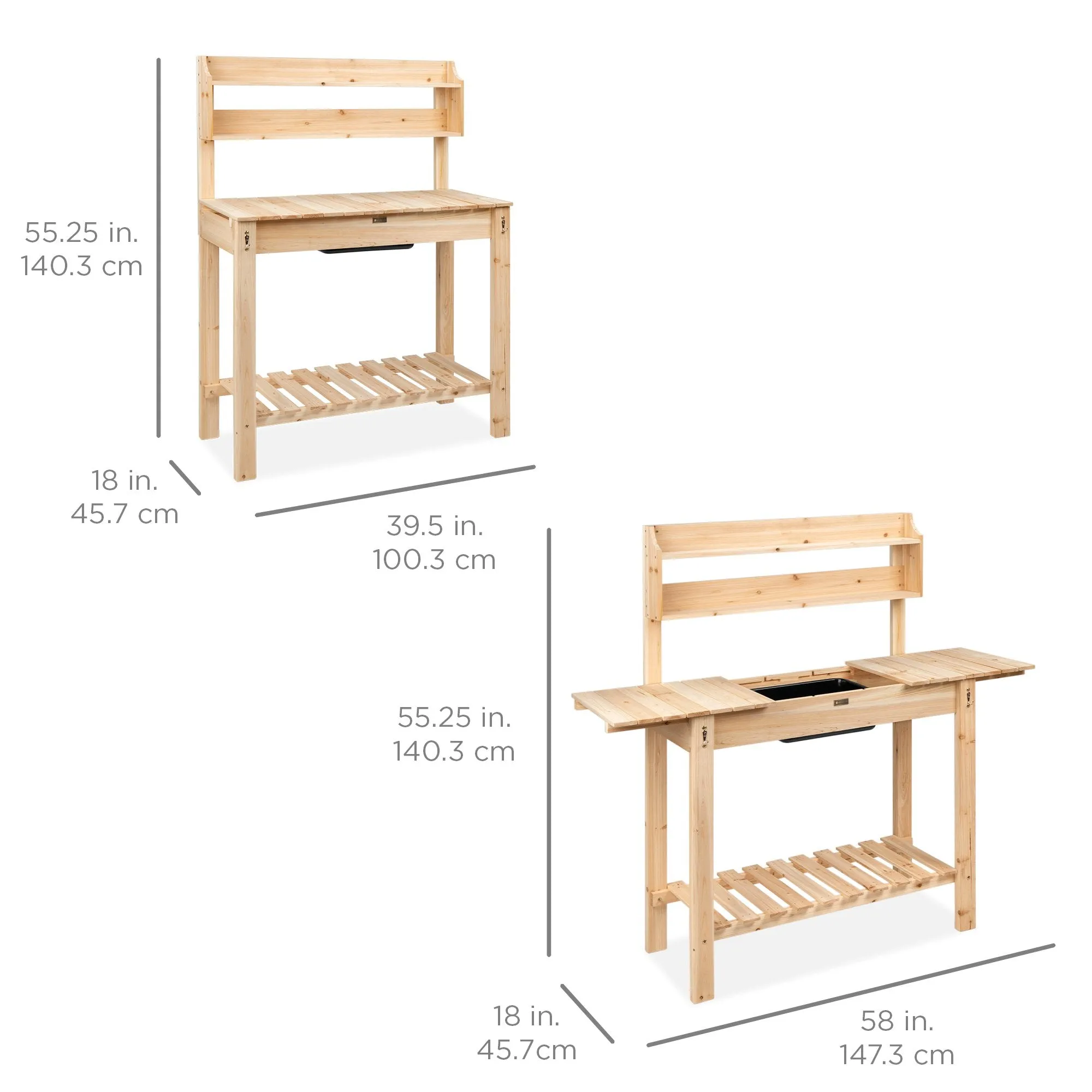 Wood Garden Potting Bench w/ Sliding Tabletop, Food Grade Dry Sink